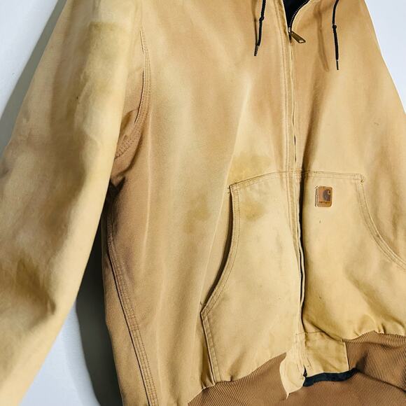 CARHARTT Brown Canvas Hooded Black Quilted Lining Bomber Work Jacket Size XL - Picture 7 of 11